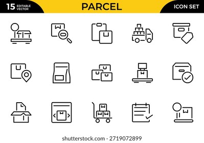 Conjunto de iconos de contorno de paquete. Métodos de entrega, mensajería, seguimiento de pedidos, caja. Paquete de iconos de contorno delgado. Ilustración vectorial