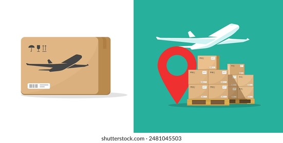 Parcel package air plane mail delivery icon vector graphic illustration set, airplane shipping global commercial cargo freight transportation logistics service image clip art