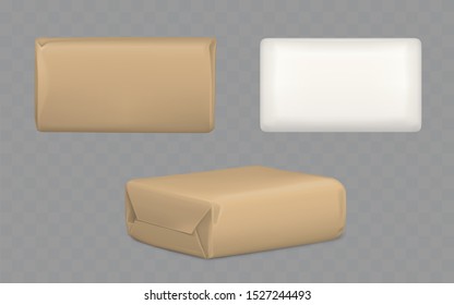 Parcel package boxes wrapped to brown and white paper top and side view, vector blank packaging mock up for post mailing, isolated shipping cardboard containers. Realistic 3d illustration, clip art