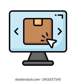 Parcel package inside monitor with cursor showing modern icon of online order, shopping and commerce vector