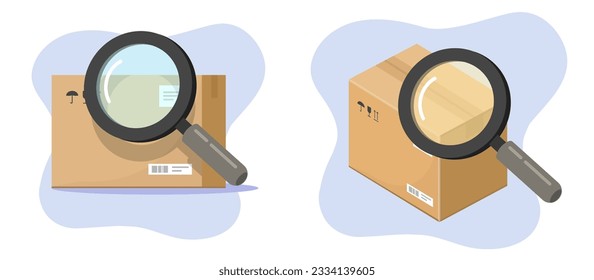 Parcel package order search track icon 3d isometric vector graphic illustration, mail postal cargo delivery shipping inspect check verify via magnifying glass image clipart