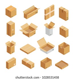 Parcel packaging box icons set. Isometric illustration of 16 parcel packaging box vector icons for web