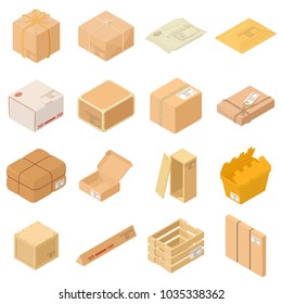 Conjuntos de iconos de paquetes de paquetes de paquetes. Idónea ilustración de 16 iconos vectoriales de cajas de embalaje de paquetes para web