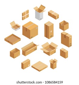 Parcel packaging box icons set. Isometric illustration of 16 parcel packaging box vector icons for web