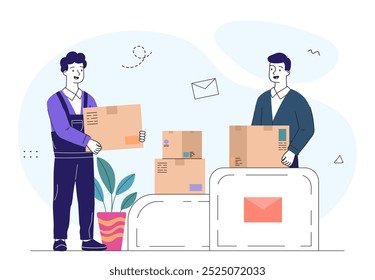 Parcel packaging process. Men with cardboard boxes. Shipping, delivery and transportation. Logistics and distribution. Warehouse workers. Linear vector illustration isolated on white background