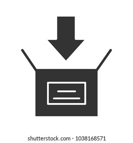 Parcel packing glyph icon. Open box with down arrow. Downloading. Silhouette symbol. Negative space. Vector isolated illustration