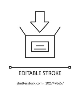 Parcel packing linear icon. Open box with down arrow. Thin line illustration. Downloading. Contour symbol. Vector isolated outline drawing. Editable stroke