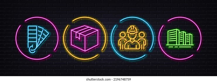 Parcel, Palette and Engineering team minimal line icons. Neon laser 3d lights. Buildings icons. For web, application, printing. Shipping box, Color pantone, Architect person. City architecture. Vector
