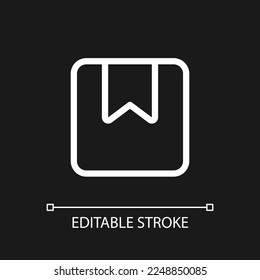 Parcel pixel perfect white linear ui icon for dark theme. Order delivery online. E commerce site. Vector line pictogram. Isolated user interface symbol for night mode. Editable stroke. Arial font used