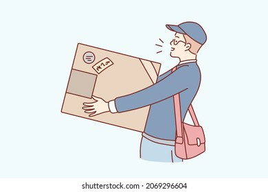 Parcel And Post Delivery Concept. Young Man In Cap Going Holding Huge Box Parcel Delivering Post Feeling Positive Vector Illustration