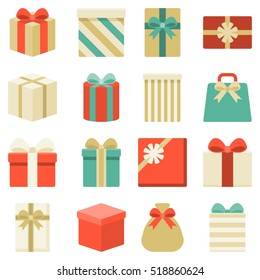 Parcel, Presents And Colorful Gift Box Collection, For Christmas And New Year, Flat Design Vector