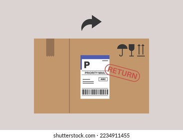 A parcel return and exchange procedure, a cardboard box with stamps and stickers, a courier service