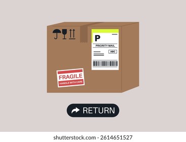 A parcel return and exchange procedure, a cardboard box with stamps and stickers, a courier service