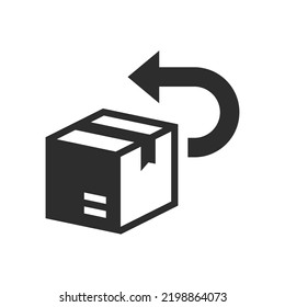 Parcel return icon. Sending the box back. Monochrome black and white symbol