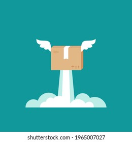 Parcel as rocket isolated on blue. Fast delivery concept. Online order. box, package, transportation, container. Receive, send and transfer products.  Vector flat illustration