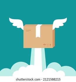 Paket als Rakete einzeln auf Blau. Schnelles Lieferkonzept. Online bestellen. Verpackung, Transport, Container. Produkte empfangen, versenden und übertragen.  Vektorgrafik