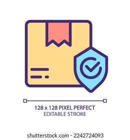 Parcel safety pixel perfect RGB color icon. Delivery service insurance and warranty. Package protection. Isolated vector illustration. Simple filled line drawing. Editable stroke. Arial font used