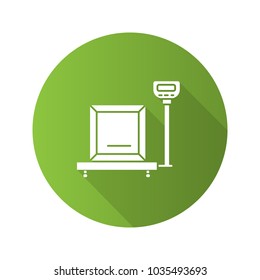 Parcel scales flat design long shadow glyph icon. Cargo weighing. Vector silhouette illustration