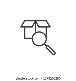 Parcel search line icon. linear style sign for mobile concept and web design. Magnifying glass and cardboard box outline vector icon. Symbol, logo illustration. Pixel perfect vector graphics