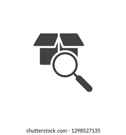 Parcel search vector icon. filled flat sign for mobile concept and web design. Magnifying glass and cardboard box simple solid icon. Symbol, logo illustration. Pixel perfect vector graphics