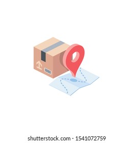 Parcel sending, tracking, route map. Vector 3d isometric, color web icon, new flat style. Creative illustration design, idea for infographics.