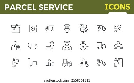 Parcel Service icon set. Related to express, truck, warehouse, container, food, van, deliver. Minimalist pixel perfect. Editable stroke. Vector illustration.