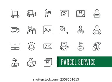 Parcel Service icon set. Related to express, truck, warehouse, container, food, van, deliver. Minimalist pixel perfect. Editable stroke. Vector illustration.