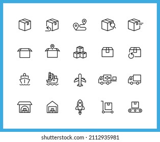 Parcel Service linear icons. Set of shipment, transportation, delivery symbols drawn with thin contour lines. Vector illustration.