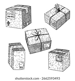 Conjunto de paquete dibujado a mano. seguimiento de logística, envío de envío, boceto de Vector de paquete exprés de correo. ilustración negra aislada