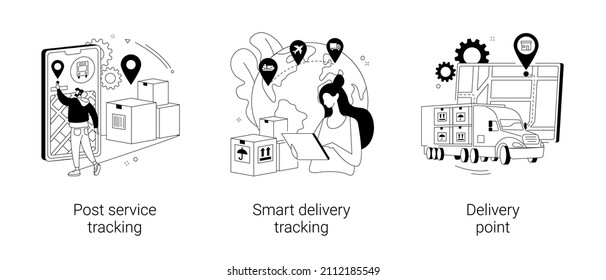 Parcel shipment abstract concept vector illustration set. Post service tracking, smart express delivery, online shopping, mail box, delivery point, application software, courier abstract metaphor.