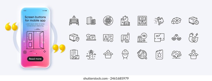 Parcel shipping, Buildings and Green energy line icons for web app. Phone mockup gradient screen. Pack of Open door, Floor plan, Send box pictogram icons. Vector