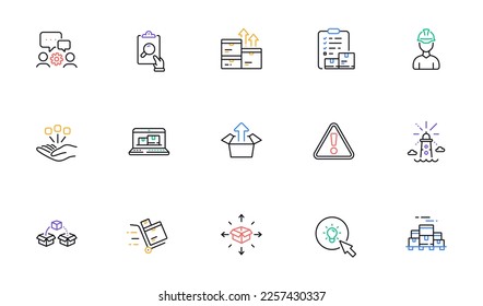 Parcel shipping, Inventory checklist and Send box line icons for website, printing. Collection of Warning, Foreman, Inspect icons. Boxes pallet, Web inventory, Wholesale goods web elements. Vector