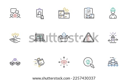 Parcel shipping, Inventory checklist and Send box line icons for website, printing. Collection of Warning, Foreman, Inspect icons. Boxes pallet, Web inventory, Wholesale goods web elements. Vector
