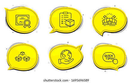 Parcel shipping sign. Diploma certificate, save planet chat bubbles. Parcel checklist, Quick tips and Sports arena line icons set. Logistics check, Helpful tricks, Event stadium. Send box. Vector