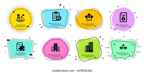 Parcel shipping, Skyscraper buildings and Send box line icons set. Chat bubbles with quotes. Strategy, Lighthouse and Buildings signs. Parcel checklist, Technical documentation symbols. Vector