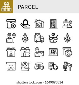 conjunto de iconos simples de paquetes. Contiene iconos tales como Regalo, Añadir paquete, Manejar con cuidado, Entrega en el hogar, Entrega de alimentos, Entrega, Embalaje, puede ser usado para web, móvil y logotipo