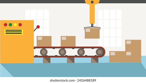 Planta de clasificación de paquetes en una fábrica. Vector de concepto de paquetes de producción industrial