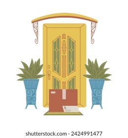 Parcel standing in front of bright yellow door flat style, vector illustration isolated on white background. Decorative design element, delivery service, exterior