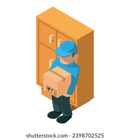 Parcel storage icon isometric vector. Delivery service worker, storage cabinet. Service industry concept