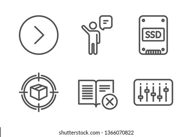 Parcel tracking, Agent and Forward icons simple set. Ssd, Reject book and Dj controller signs. Box in target, Business person. Line parcel tracking icon. Editable stroke. Vector