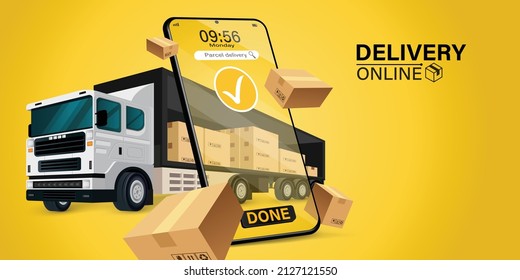 Parcel tracking app. 
delivery truck with cargo box is on a mobile phone. Online Parcel Inspection Concept.Online delivery transport logistics service. Warehouse factory express delivery box.