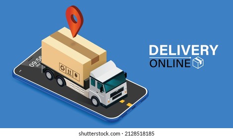 Parcel tracking app. 
delivery truck with cargo box is on a mobile phone. Online Parcel Inspection Concept.Online delivery transport logistics service. Warehouse factory express delivery box.