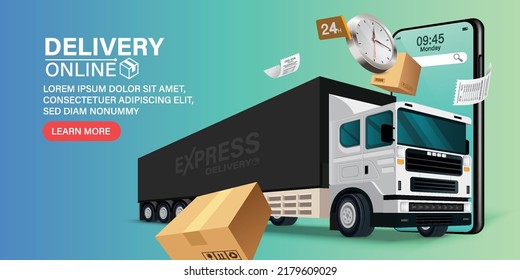 Parcel tracking app. 
delivery truck with cargo box is on a mobile phone. Online Parcel Inspection Concept.Online delivery transport logistics service. Warehouse factory express delivery box.