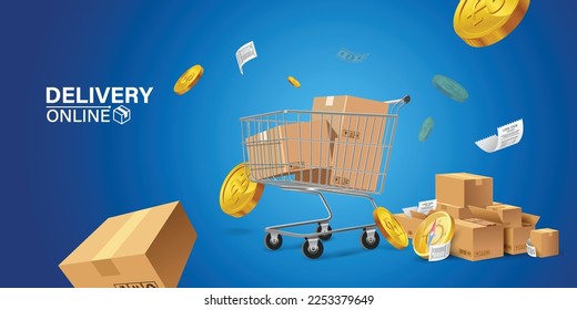 Parcel tracking app. delivery truck with cargo box is on a mobile phone. Online Parcel Inspection Concept.Online delivery transport logistics service. Warehouse factory express delivery box.	
