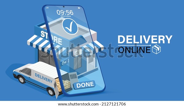 Parcel tracking app. \
delivery truck with cargo box\
is on a mobile phone. Online Parcel Inspection Concept.Online\
delivery transport logistics service. Warehouse factory express\
delivery box.
