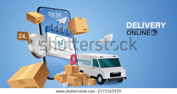 Parcel tracking app. \
delivery truck with cargo box\
is on a mobile phone. Online Parcel Inspection Concept.Online\
delivery transport logistics service. Warehouse factory express\
delivery box.