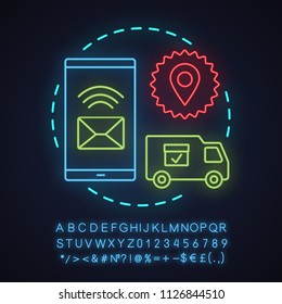 Parcel tracking app neon light concept icon. Delivery service idea. Shipping. Glowing sign with alphabet, numbers and symbols. Vector isolated illustration