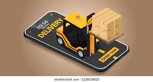 Parcel tracking app. Yellow forklift with cargo box is on mobile phone. Online Parcel Inspection Concept.Online delivery transport logistics service. Warehouse factory express delivery box.