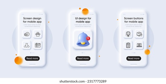 Paquete de iconos de línea de temporizador de seguimiento de paquetes, descarga y lavavajillas. Se burlan del teléfono 3d con alerta de timbre. Pantalla de teléfono inteligente de vidrio. Lista de verificación, Casillas de empaquetado, icono de inicio de la web de la empresa. Vector