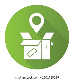 Parcel tracking green flat design long shadow glyph icon. Package location monitoring. Order status postal tracking. Delivery service. Cardboard box with map pin. Vector silhouette illustration